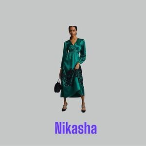 Nikasha Embroidered  Green Satin Dress sz L